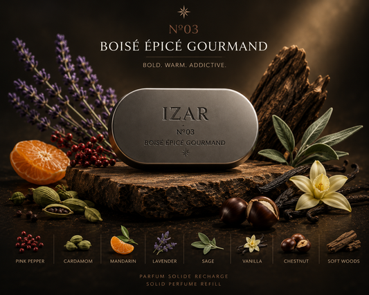 IZAR N°03 Boisé Épicé Gourmand – Parfum solide rechargeable
